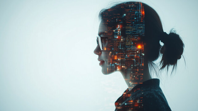 Female IT specialist learns to analyze code and data technology, cyber security, impact of artificial intelligence augmented reality, side profile, copy space. AI generation