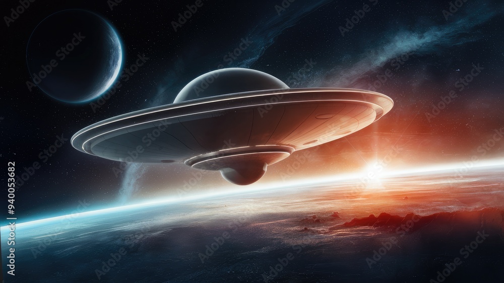 Poster 3d rendering of a ufo spacecraft hovering above a planet's surface
