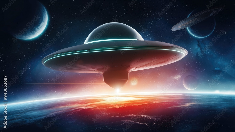 Poster 3d rendering of a ufo spacecraft hovering above a planet's surface