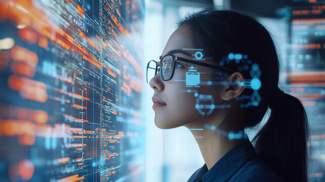 Female IT specialist learns to analyze code and data technology, cyber security, impact of artificial intelligence augmented reality, side profile, copy space. AI generation