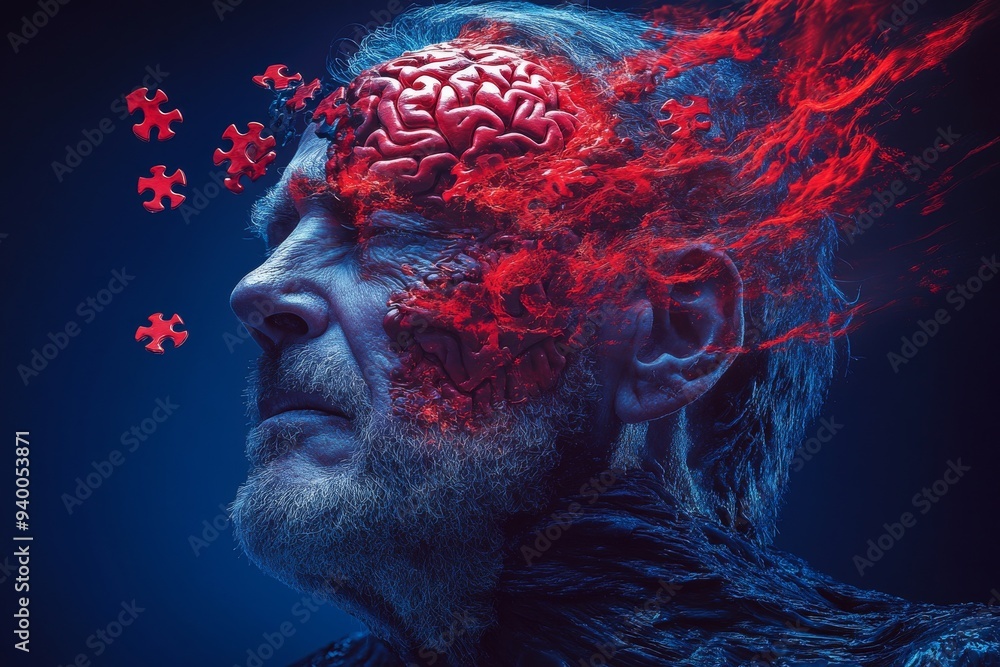 Poster conceptual art of an elderly man with puzzle pieces floating around his head symbolizing memory loss