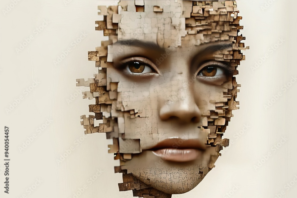 Poster abstract portrait of a woman with a face made of cubes symbolizing the fragmented nature of identity