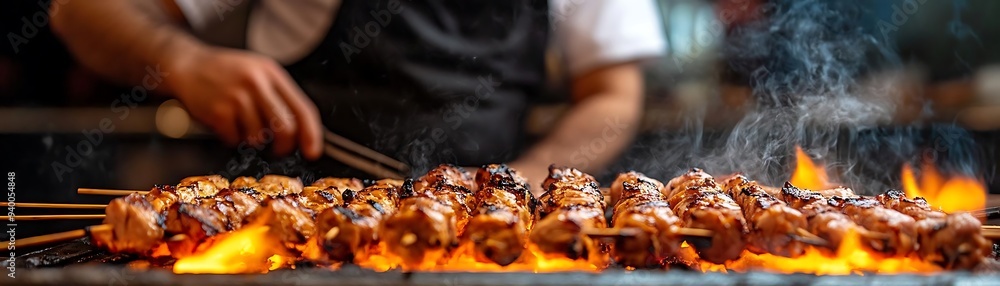 Wall mural grilled skewers cooking on fire, photo