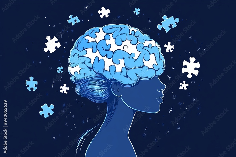 Poster creative illustration of a womans profile with a brain made of puzzle pieces floating in space symbo
