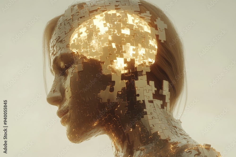 Poster artistic profile of a woman with a golden fragmented head symbolizing the fragility and complexity o