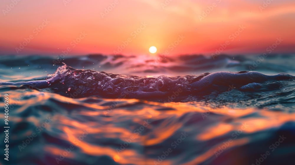 Poster close-up of ocean waves at sunset, capturing the vibrant colors and dynamic movement of the water un