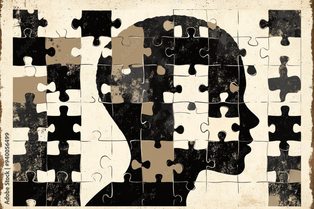 Poster abstract digital art of a fragmented human head composed of puzzle pieces symbolizing the complexity