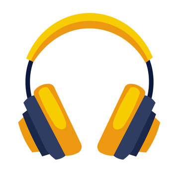 Yellow headset vector illustration isolated on white background, black orange headphones flat icon, audio electronic gadget, wireless headphone clip art