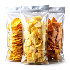 Realistic chip packaging with glossy texture, and foil material on a white background