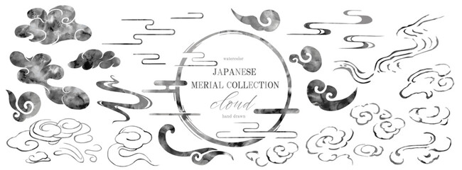 雲, 筆書き, 筆, 和柄, 年賀状, ベクター, 手描き, 和, 和風, アイコン, 水彩, 水墨, セット, フレーム, イラスト