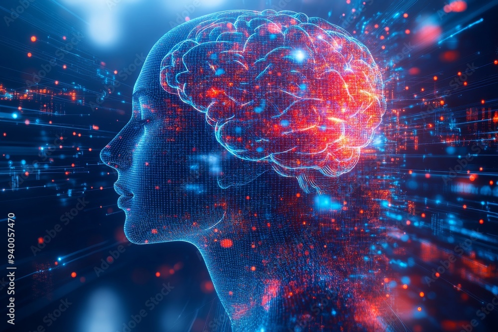 Aufkleber futuristic digital profile of a glowing brain surrounded by neural connections symbolizing the fusio