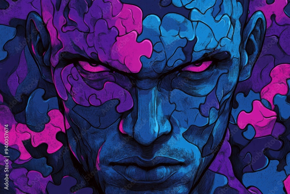 Poster vivid abstract portrait of a man with colorful puzzle patterns on his face symbolizing the multiface