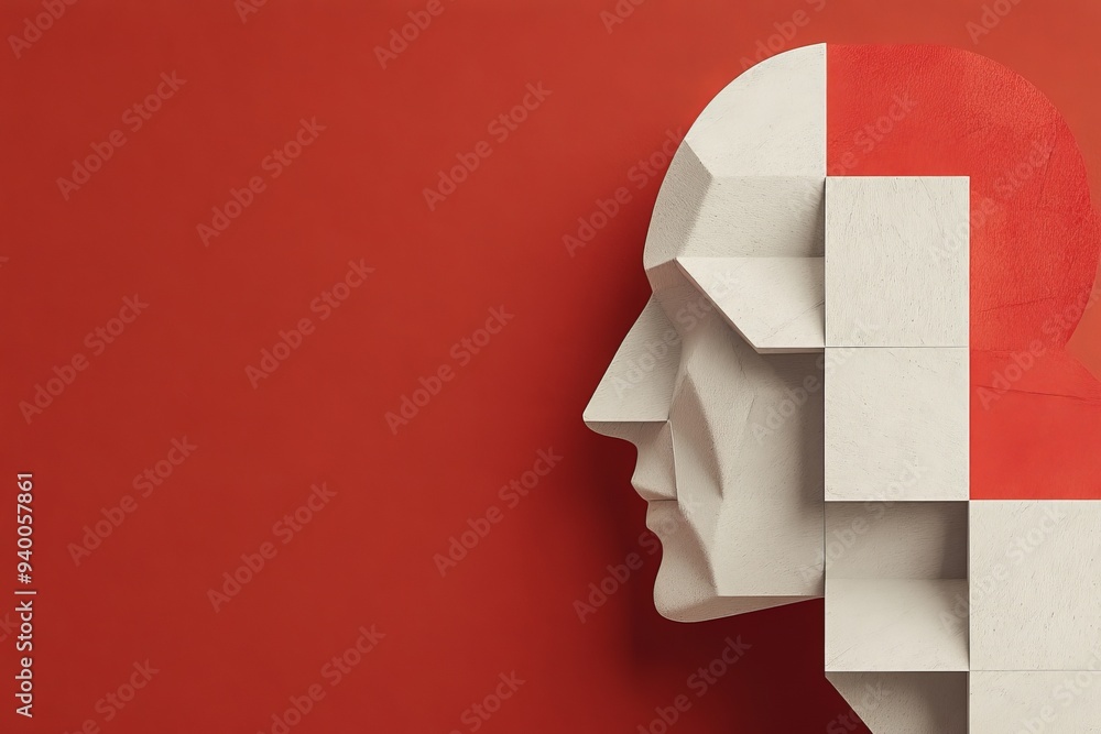 Poster Minimalistic sculpture of a human face with fragmented blocks symbolizing the deconstruction of identity memory and the ongoing process of self reconstruction