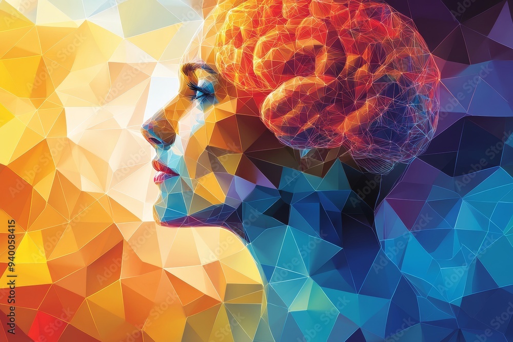 Poster abstract geometric portrait of a woman with a brain made of colorful polygons symbolizing the multif