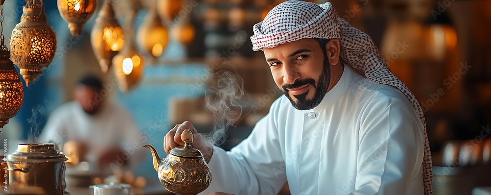 Wall mural arab man pouring tea from golden kettle - realistic image