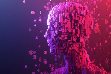 Obraz premium Vibrant digital art of a human profile dissolving into glowing puzzle pieces representing the fragmentation of thought and the process of self discovery
