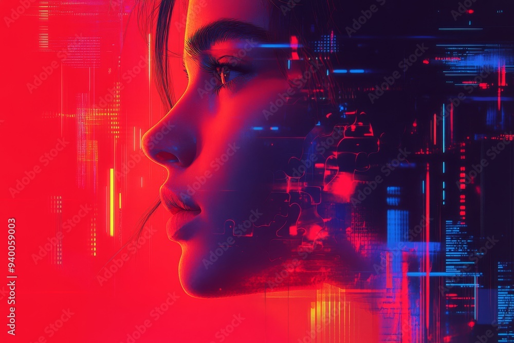 Poster futuristic digital art of a womans profile with glowing neural connections symbolizing the merging o