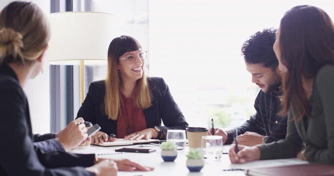 Happy, negotiation and lawyer in business meeting, collaboration or woman with people problem solving. Law firm, team or staff in planning discussion with ideas, notes or terms of project or strategy
