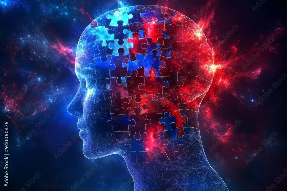 Aufkleber futuristic digital portrait of a human head composed of puzzle pieces symbolizing the integration of