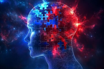 Futuristic digital portrait of a human head composed of puzzle pieces symbolizing the integration of thought technology and the intricate process of forming identity