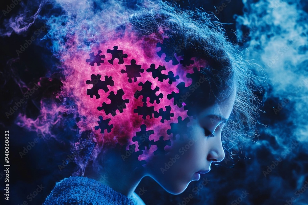 Poster surreal portrait of a young girl with a glowing brain and puzzle pieces floating around symbolizing 