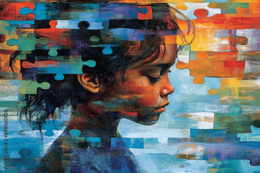 Poster abstract digital art of a child with fragmented puzzle pieces forming their face symbolizing the com