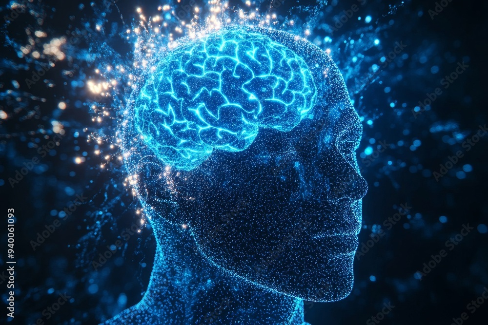 Poster futuristic digital illustration of a human brain with glowing neural connections symbolizing the adv