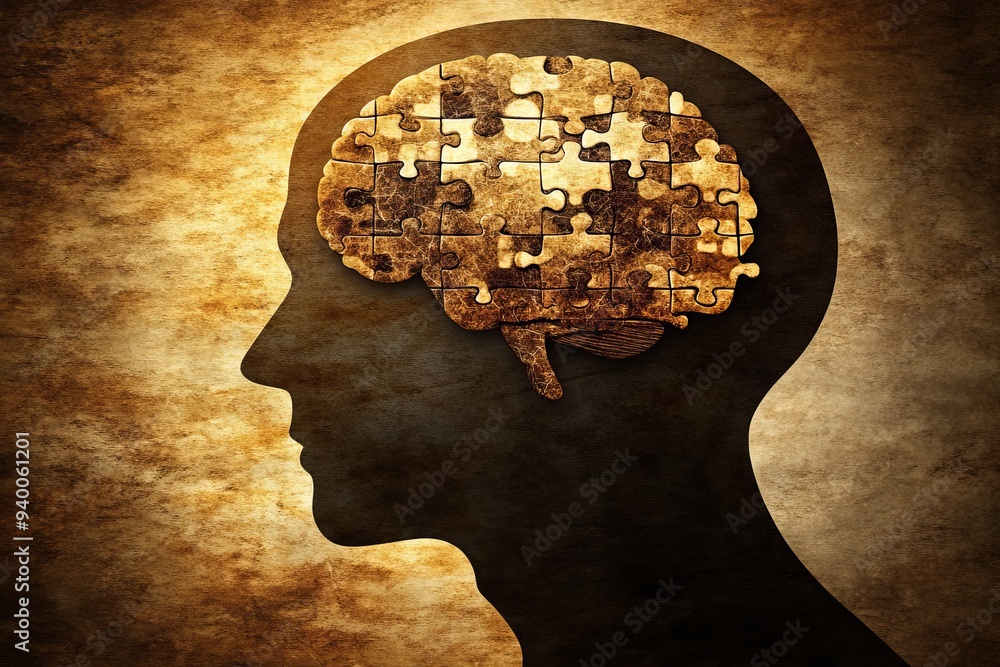 Poster vintage inspired silhouette of a human head with a brain constructed of puzzle pieces symbolizing th