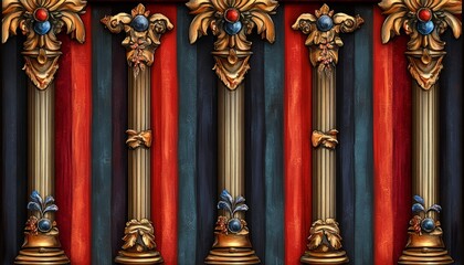 Fototapeta premium Ornate Golden Columns Against Red and Blue Striped Background