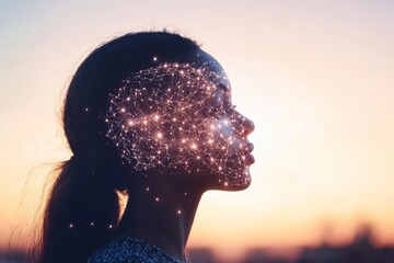 Abstract digital illustration of a young girl with stars in her hair symbolizing the boundless imagination dreams and the cosmic influence on thought and identity