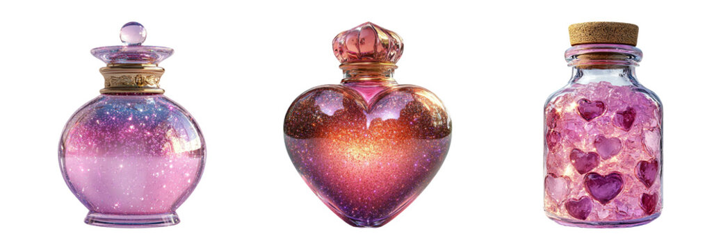 Assorted magical potion bottles in various shapes isolated on transparent background