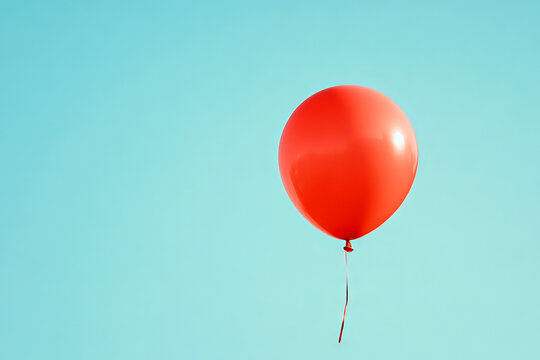 A single red balloon floating against a clear blue sky, symbolizing freedom and simplicity in a minimalist setting. - Powered by Adobe