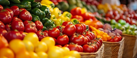 A vibrant display of fresh vegetables and fruits at a market, featuring tomatoes, peppers, and more fresh produce in woven baskets.