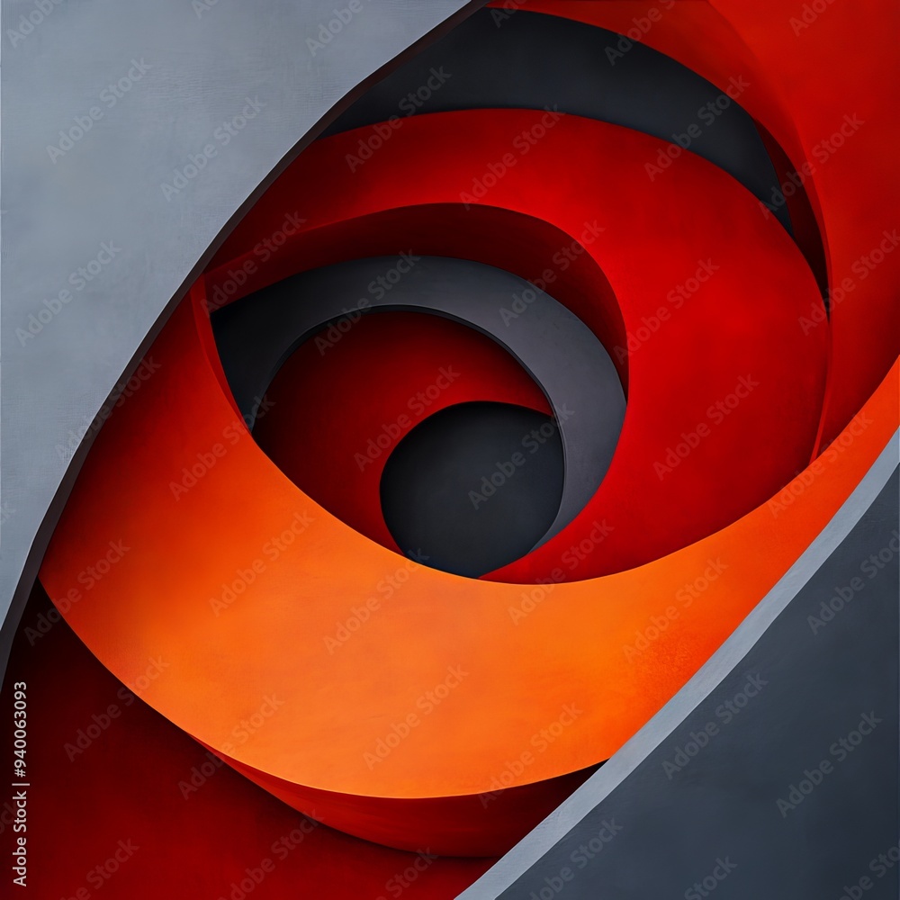 Poster abstract geometric art with vivid red and gray swirling shapes, creating a dynamic and mesmerizing v