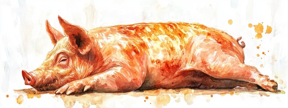 Watercolor digital illustration of a whole roasted pig for festive occasions Barbecued pork featuring a whole pig and pig s head showcasing traditional cuisine with expertly baked pork Culinary ar