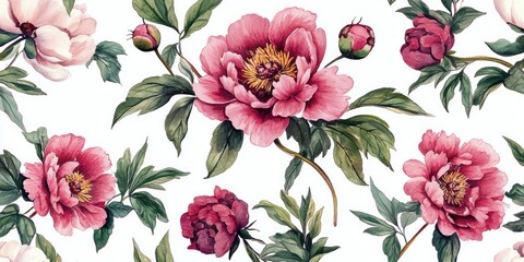 Fototapeta premium Watercolor floral acrylic artwork featuring hand drawn peonies with leaves and buds on a white background Vintage style botanical illustration suitable for t shirt designs apparel and textile templ