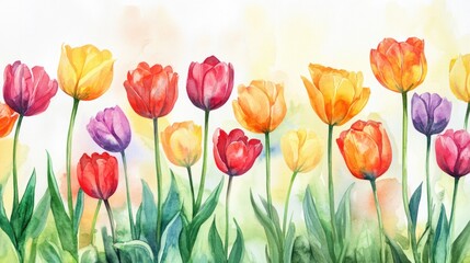 Fototapeta premium Watercolor illustration featuring a background of tulips and flowers