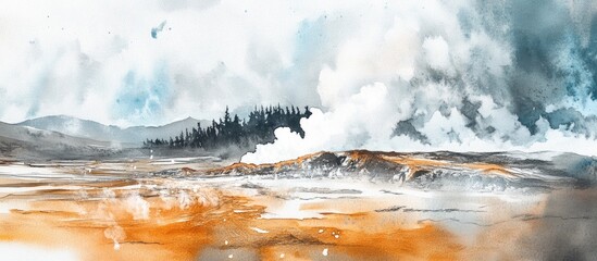 Watercolor illustration of a geothermal area featuring a geyser and steam rising from the ground