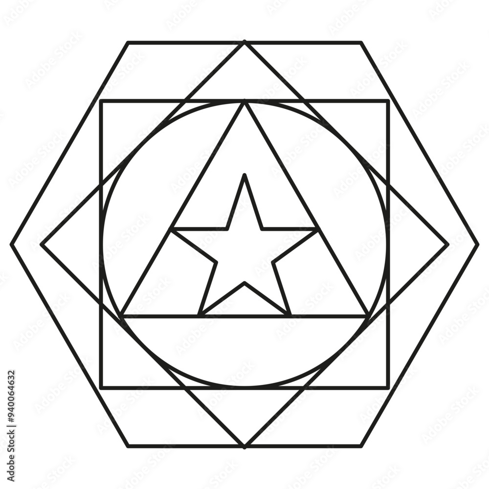 Poster geometric star design. abstract outline shapes. symmetrical vector art. black linear composition.