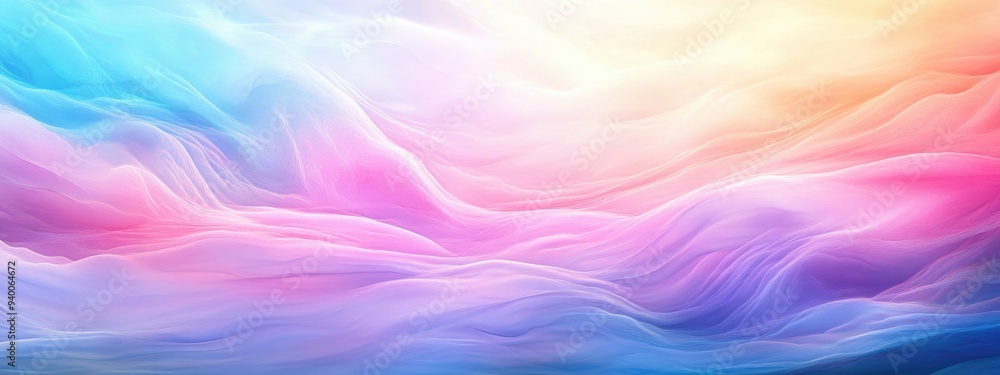 Poster watercolor illustration featuring a dynamic and vibrant gradient mesh with wavy light pastel soft cu