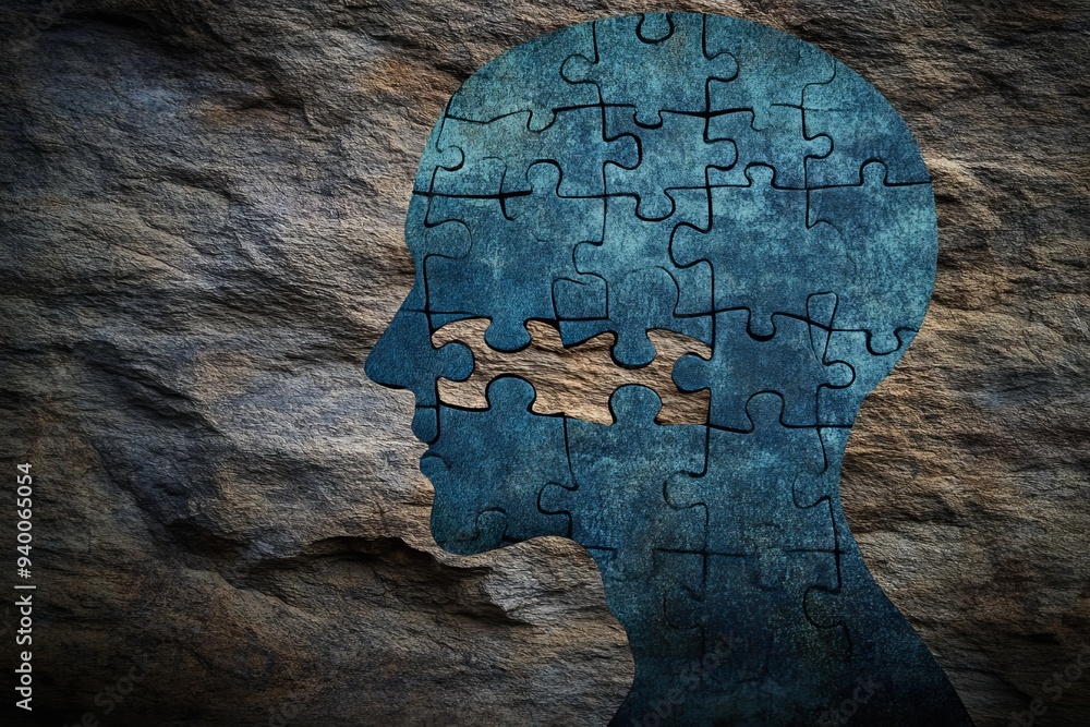 Poster abstract digital illustration of a human profile with a missing puzzle piece symbolizing the gaps in