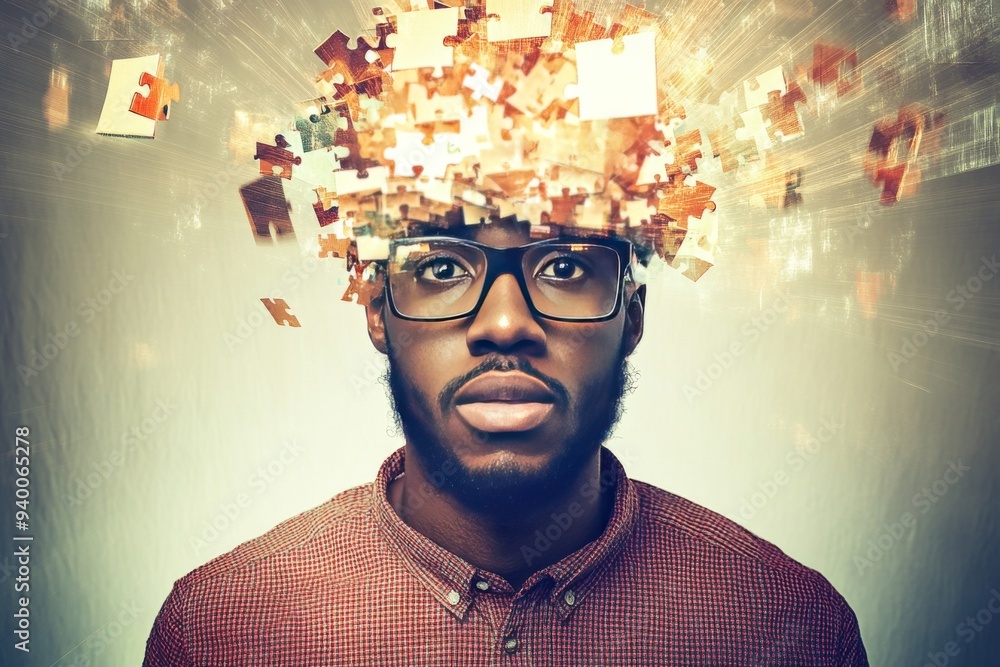 Poster artistic portrait of a man with puzzle pieces and digital elements exploding from his head symbolizi