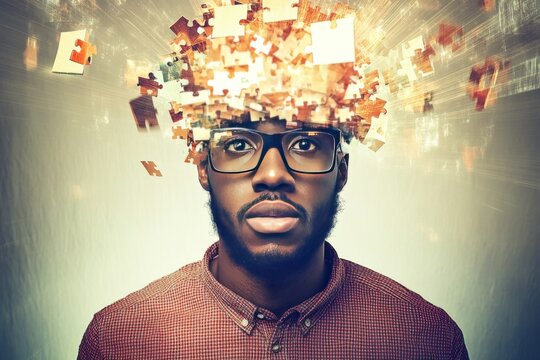 Artistic portrait of a man with puzzle pieces and digital elements exploding from his head symbolizing the dynamic interplay of knowledge creativity and the complexity of thought
