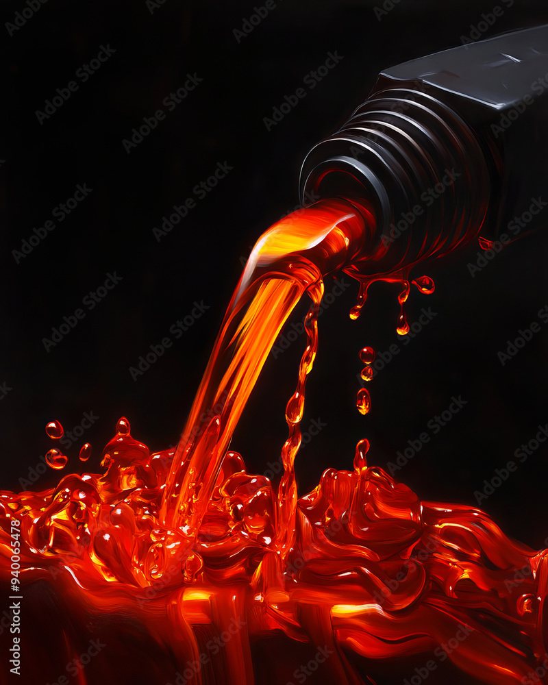 Aufkleber close-up of red liquid pouring from a bottle, creating dynamic splashes and waves against a dark bac