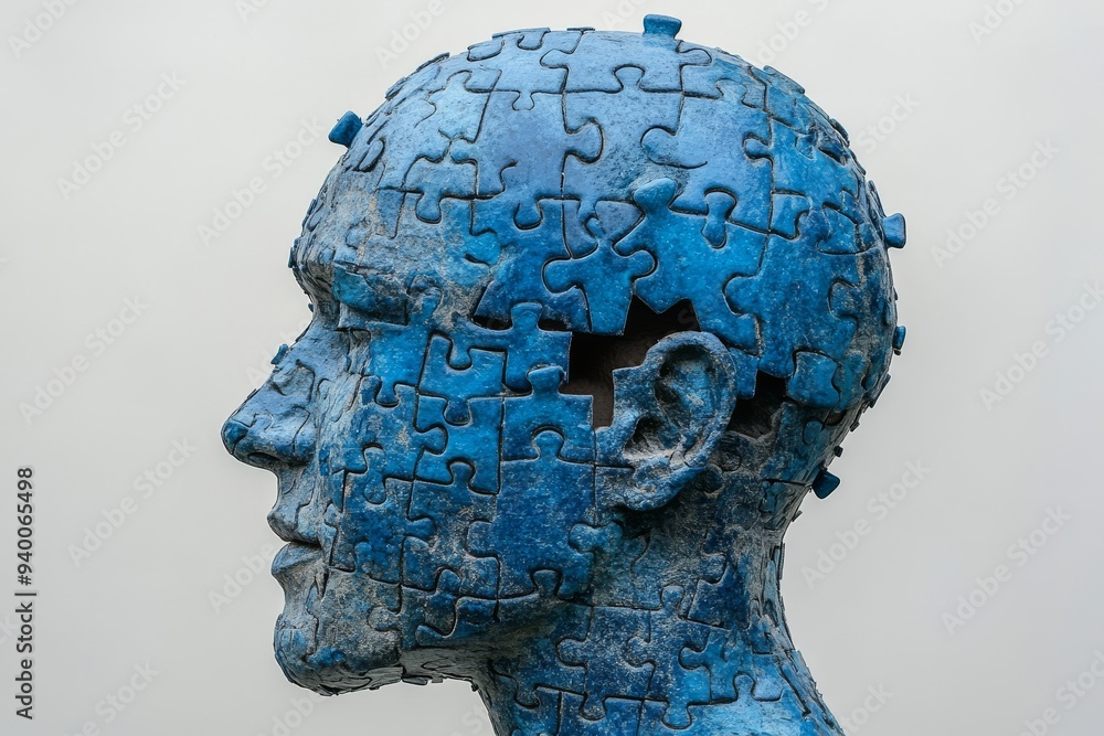 Poster abstract sculpture of a mans head made of blue puzzle pieces symbolizing the fragmentation of though
