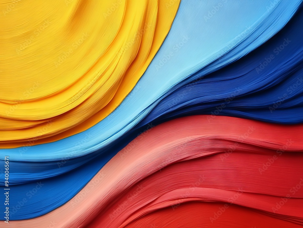 Poster colorful abstract fabric with flowing lines in shades of yellow, blue, and red, creating a vibrant a