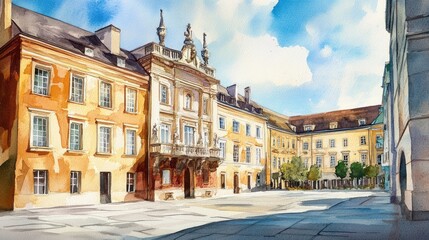 Obraz premium Watercolor illustration depicting the architectural features of a royal square on a sunny afternoon
