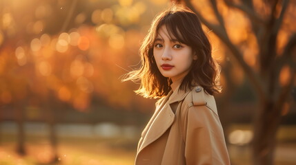 秋の公園を歩く若いファッションモデルの女性