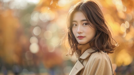 秋の公園を歩く若いファッションモデルの女性