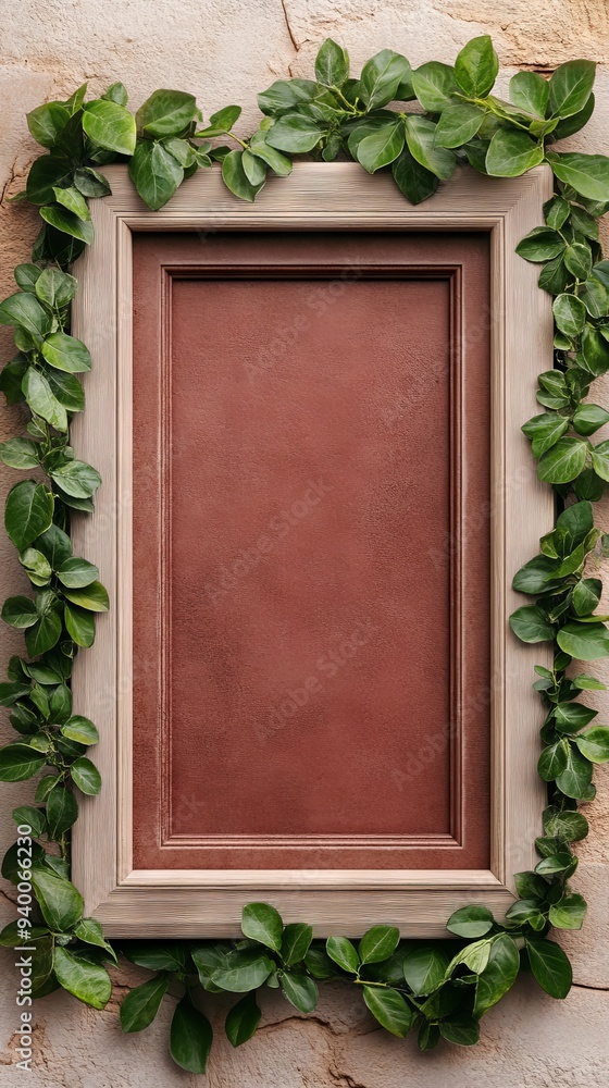 Poster empty brown rectangular picture frame with green leaf border on distressed wall background, perfect 